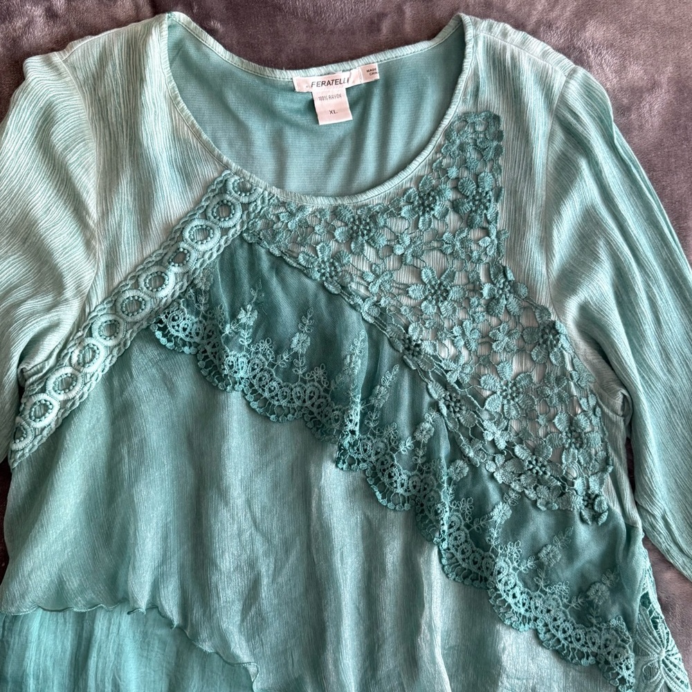 Feratelli Teal Crochet Lace Asymmetrical Chiffon Tunic XL Floral Fairy Grunge - Picture 3 of 8